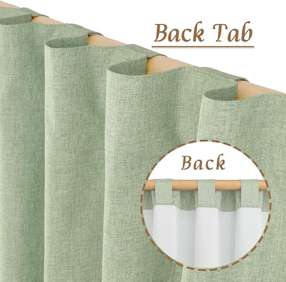 LAMIT 100% Blackout Linen Curtains, 80 Inches Linen Textured Thermal Bedroom Drapes Back Tab and Rod Pocket Neutral Panels with White Liner for Farmhouse, 2 Panels, 52 x 80 Inch, Light Green