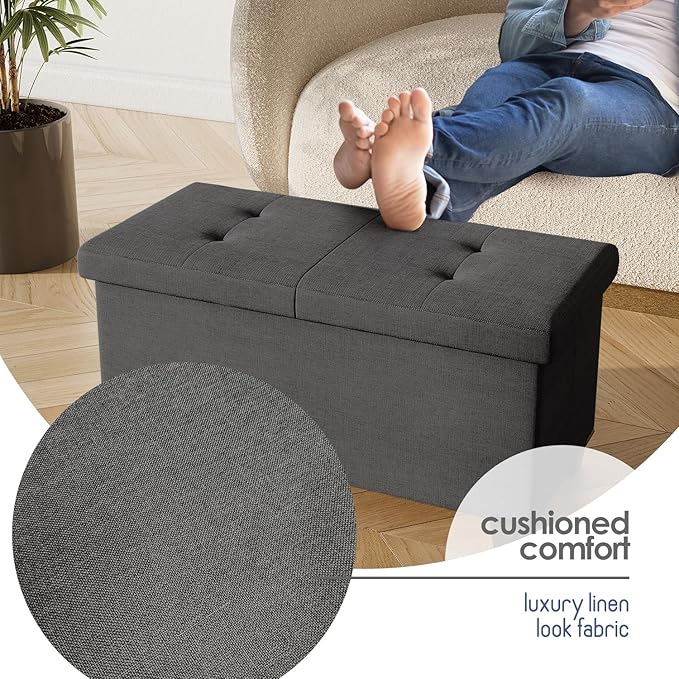 StorageBud Storage Ottoman Bench with Bins, 30-in Storage Bench for Bedroom End of Bed, Folding Foot Rest Ottoman for Living Room Max 660lbs, Fabric Ottomans, Grey
