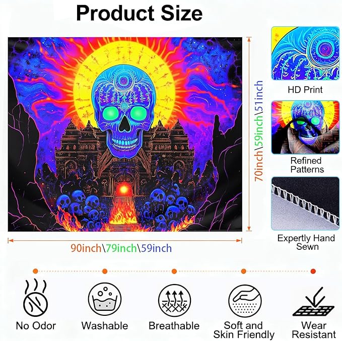 seewan Black Light Mystic Skull Tapestry, Glow-in-the-Dark UV Neon Blue Skeleton with Yellow Sun Halo Tapestry, Psychedelic Ancient Temple Wall Hanging, Bedroom Dorm Living Room Background Decor