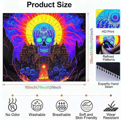 seewan Black Light Mystic Skull Tapestry, Glow-in-the-Dark UV Neon Blue Skeleton with Yellow Sun Halo Tapestry, Psychedelic Ancient Temple Wall Hanging, Bedroom Dorm Living Room Background Decor