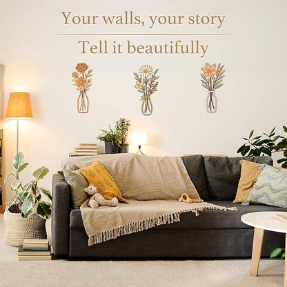 3 Piece Metal Flower Wall Art for Bedroom Living Room Rustic Farmhouse Floral Wall Decor for Bathroom Dining Room Boho Home Decorations Modern Minimalism Walls Hanging Sculptures