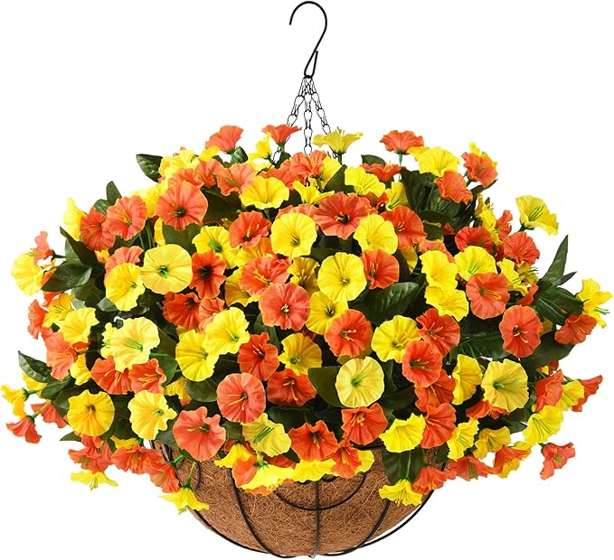 Artificial Fake Hanging Flowers Plants Baskets for Outdoor Spring Decoration, Faux Silk UV Resistant Look Real Morning Glory Arrangement for Porch Patio Garden Deck Home Summary Decor(Orange Yellow)