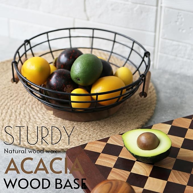 Fruit Basket,black Wire Basket with Acacia Wood Base,large Fruit Bowl for Countertop,black Baskets for Fruits, Breads, Vegetables Storage. (10-inch)