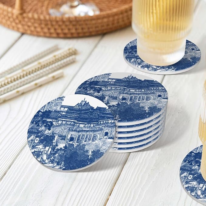 6 Pcs Ceramic Coasters with Holder Absorbent Drink Round Blue Chinoiserie Porcelain Inspiration Design for Home Table Coffee Cup Wine Beer Bar,Size 4.4 inches
