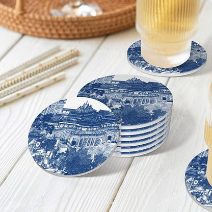 6 Pcs Ceramic Coasters with Holder Absorbent Drink Round Blue Chinoiserie Porcelain Inspiration Design for Home Table Coffee Cup Wine Beer Bar,Size 4.4 inches