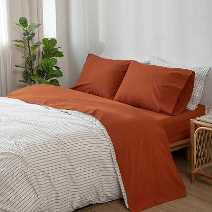 MooMee Bedding Sheet Set 100% Washed Cotton Linen Like Textured Breathable Durable Soft Comfy (Solid Rust Brown, Full)