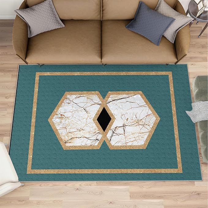 Jadeite Marble Area Rug Abstract Marble Texture Area Rugs for Living Room Light Luxury Stone Crack Carpet Gold Geometric Stripes Outdoor Carpet for Bedroom Living Room 6x9ft