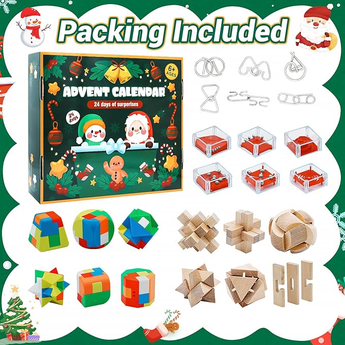 Advent Calendar 2025 Adults Kids - Wooden Puzzle Advent Calendar - Brain Teaser Puzzles 24 Days Christmas Countdown Calendar Toys for Teens Boys Girls Adults Challenge Mind,IQ,Logic Test Grame