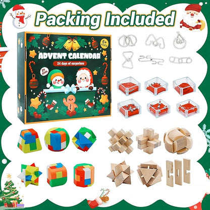 Advent Calendar 2025 Adults Kids - Wooden Puzzle Advent Calendar - Brain Teaser Puzzles 24 Days Christmas Countdown Calendar Toys for Teens Boys Girls Adults Challenge Mind,IQ,Logic Test Grame