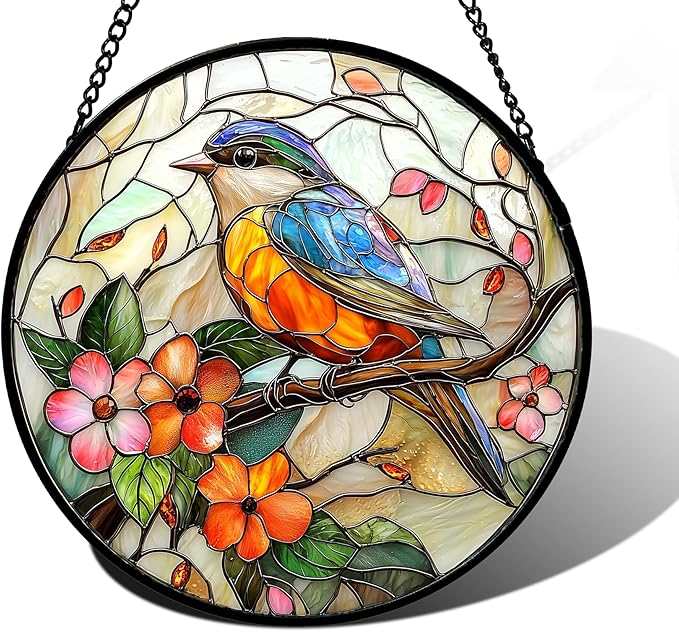 DASTOLL Stained Glass Window Hanging, Blue Bird Pink Flower Suncatcher Diamond Glass Panel Bird Sun Catchers Decor for Birthday for Women, Men, Wife, Aunt, and Mom 11.8x11.8 in