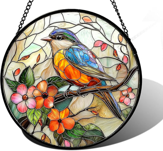 DASTOLL Stained Glass Window Hanging, Blue Bird Pink Flower Suncatcher Diamond Glass Panel Bird Sun Catchers Decor for Birthday for Women, Men, Wife, Aunt, and Mom 11.8x11.8 in