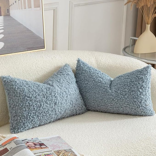 Yaertun Pack of 2 Faux Fur Throw Pillow Covers Decorative Sherpa Boucle Pillow Covers Fuzzy Soft Pillowcases Sheepskin Fleece Cushion Case for Couch Sofa Bed Living Room 12x20 Inch Light Blue