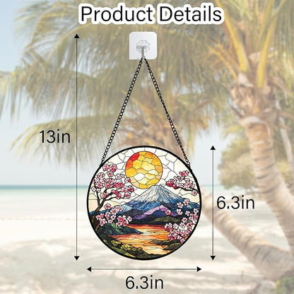 Stained Glass Window Hanging, Sun Blooming Cherry Blossoms Suncatcher Diamond Glass Panel Sun Catchers Decor for Birthday for Women, Men, Wife, Aunt, and Mom 6.3 in