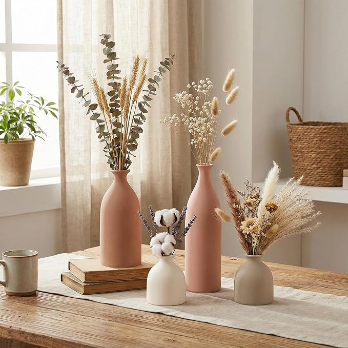 Dandat Ceramic Vase Set of 4, Modern Decorative Ceramic Vases Rustic Pottery Centerpiece Table Decor for Farmhouse Bouquet Pampas Grass Dried Fresh Flowers, Living Room, Kitchen, Bedroom (Beige)