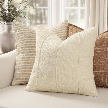 YCOLL Textured Boucle Throw Pillow Covers 20x20 Pack of 2 - Soft Neutral Striped Cushion Covers, Cozy Accent Decorative Pillow Covers for Couch, Sofa, Bed, Living Room (Cream)