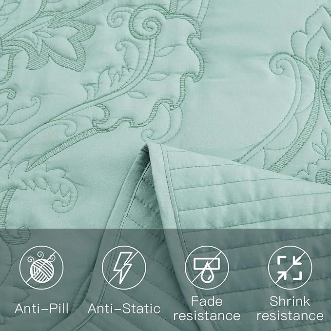 CHIXIN Oversized King Bedspread 128x120 Extra Wide - Lightweight Bedding Cover - Beautiful Stitching - 5 Piece Reversible Bedspread - Gorgeous Damask Paisley Pattern (King/Cal King, Seaglass)