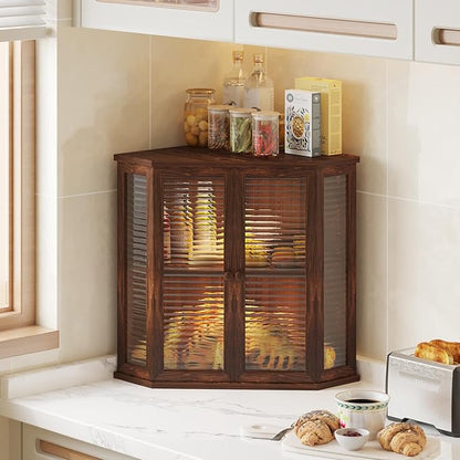 Corner bread box Bread Box for Kitchen Countertop - Corner Bread Storage Box 16.51" H, Premium Pine Wood with Glass Door, Perfect for Homemade Bread, Baguettes & Pastries (Pine wood)