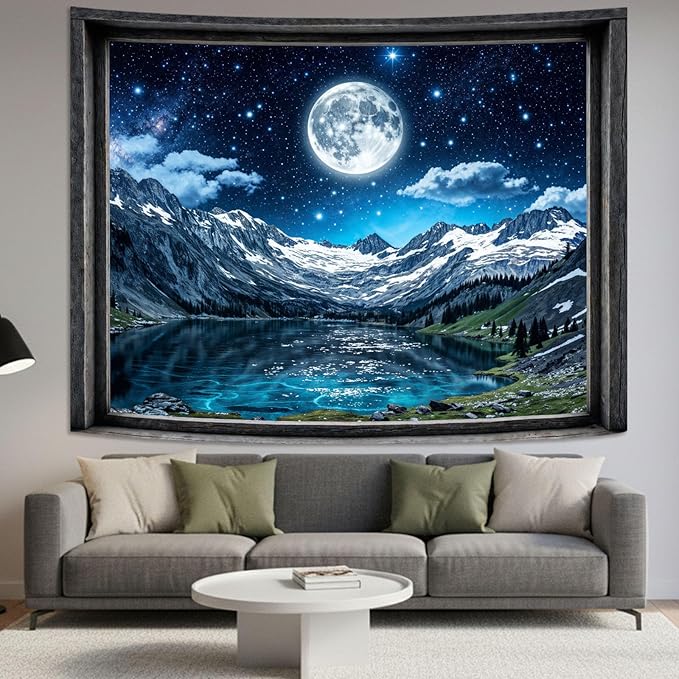 Lifeel Fantasy Mountain Lake Tapestry, Snowy Peaks Moon Landscape Window Tapestries, Living Room Bedroom Decoration, 36x48 inches