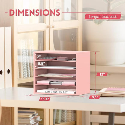 SUPEASY Wood Desk Organizer, 5 Tier Paper File Organizer for Desk, Wooden Desktop Organizer, Paper Letter Literature Mail Sorter, for Office School & Home Organization, Pink