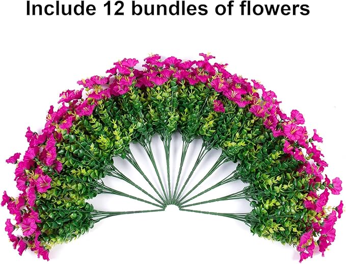 HyeFlora Artificial Flowers for Outdoors Fake Plants Outside Decoration, 12 Bundles Faux Fuchsia Morning Glory UV Resistant Look Real Silk Flowers for Outside Planter Front Door Porch Patio Yard Urn