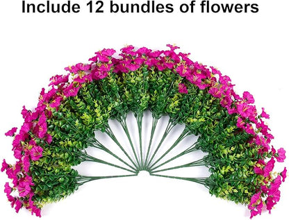 HyeFlora Artificial Flowers for Outdoors Fake Plants Outside Decoration, 12 Bundles Faux Fuchsia Morning Glory UV Resistant Look Real Silk Flowers for Outside Planter Front Door Porch Patio Yard Urn