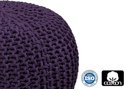 COTTON CRAFT Round Dori Pouf - Cotton Braid Cord Cable Knitted Ottoman - Foot Stool - Footrest - Floor Pouf - Woven Ottoman - Bean Bag - Living Room Dorm - 20 inches Diameter x 14 Height - Deep Plum