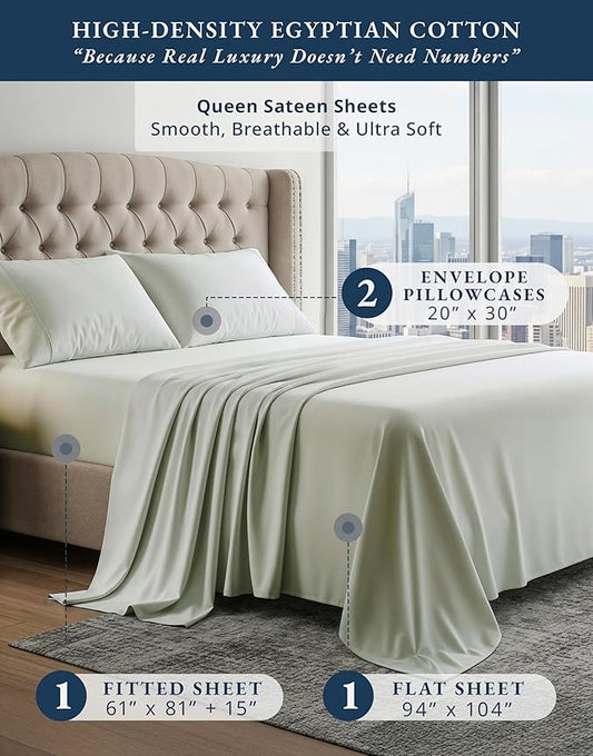 100% Egyptian Cotton Queen Bed Sheet Set – 4 Piece Queen Sheets Set, Breathable & Fade Resistant, Silky Sateen Weave for Winter Comfort, Ultra-Soft Hotel Luxury Bedding with 15" Deep Pocket - Mineral