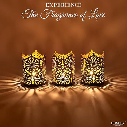 Hosley Set of 3 Black Finish Metal Candle Holders 4 Inch High Lattice Cut Lanterns for Coordinated Elegance and Enchanting Illumination Elevate Your Decor