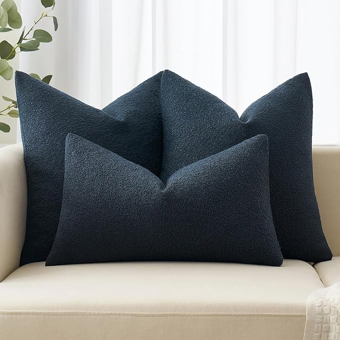 MIULEE 24x24 Decorative Euro Sham Throw Pillows for Bed Set of 2 Textured Boucle Neutral Winter Throw Pillow Covers Navy Blue Accent Solid Couch Pillowcases Sofa Livingroom Home Decor