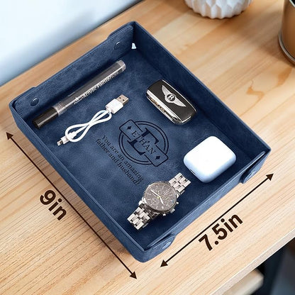 Engraved Father’s Day Leather Valet Tray – Personalized Leather Catch All with Custom Name – Men’s Valet Tray Organizer for Keys, Watches, and Jewelry – Unique Dad Gift from Daughter or Son - Blue