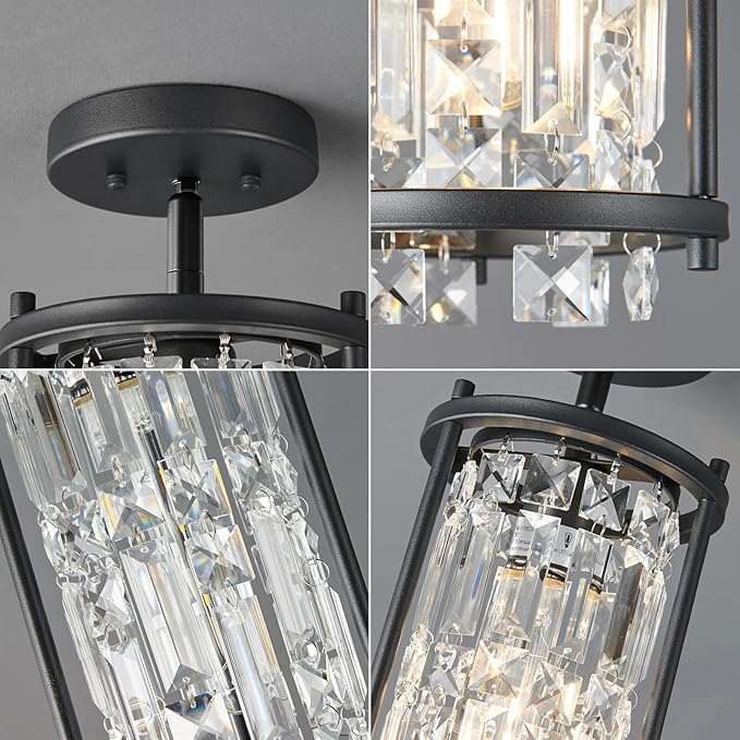 LMQNINE Modern Black Pendant Light Fixtures for Kitchen Island, Crystal Chandelier Lights Fixture, Adjustable Farmhouse Pendant Lighting for Dining Room Bedroom (Round 1-Light)