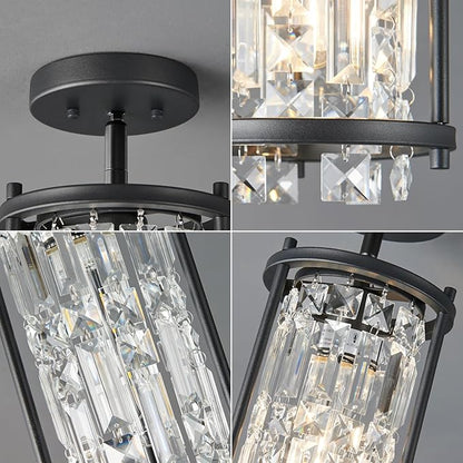 LMQNINE Modern Black Pendant Light Fixtures for Kitchen Island, Crystal Chandelier Lights Fixture, Adjustable Farmhouse Pendant Lighting for Dining Room Bedroom (Round 1-Light)