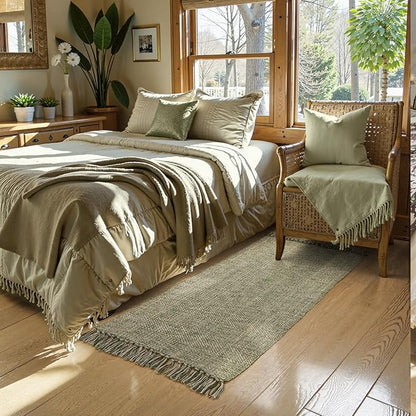 Collive Kitchen Runner Rug 2' x 4.3', Hand-Woven Cotton Reversible Washable Entryway Runner Rug, Natural/Green Farmhouse Bathroom Rug Modern Bedroom Carpet for Laundry Room Front Door Décor