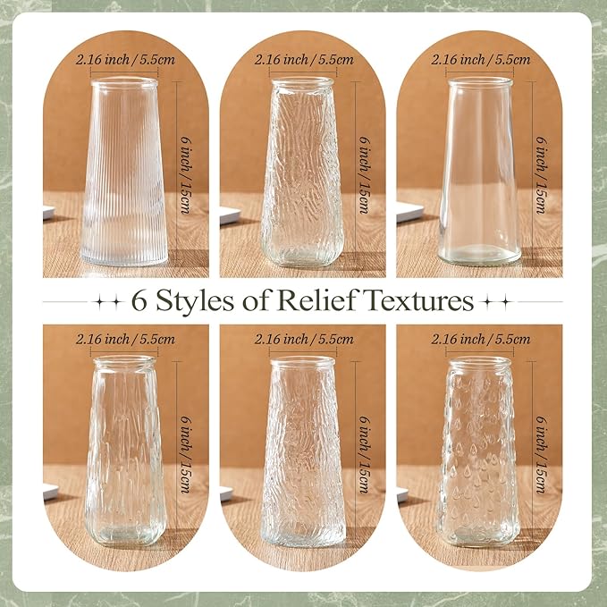 6 Pcs 6 Inch Clear Glass Flower Vases for Centerpieces Wedding Party Table Centerpiece Home Decor Small Bud Vases for Flowers Rose Tulip Stems Housewarming Gift