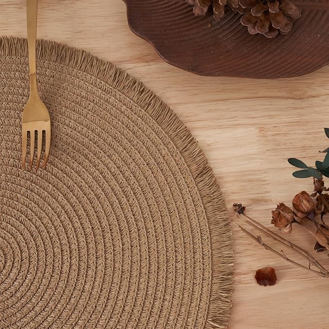 15 Inch Set of 6 Round Woven Placemats Braided Paper Heat Resistant Table Mats with Tassel Boho Indoor Outdoor Table Placemats for Dining Tables (Brown)