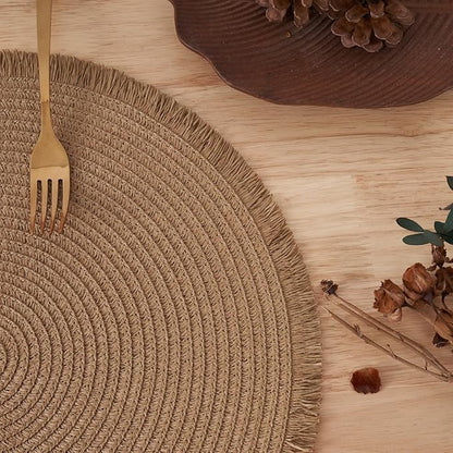 15 Inch Set of 6 Round Woven Placemats Braided Paper Heat Resistant Table Mats with Tassel Boho Indoor Outdoor Table Placemats for Dining Tables (Brown)
