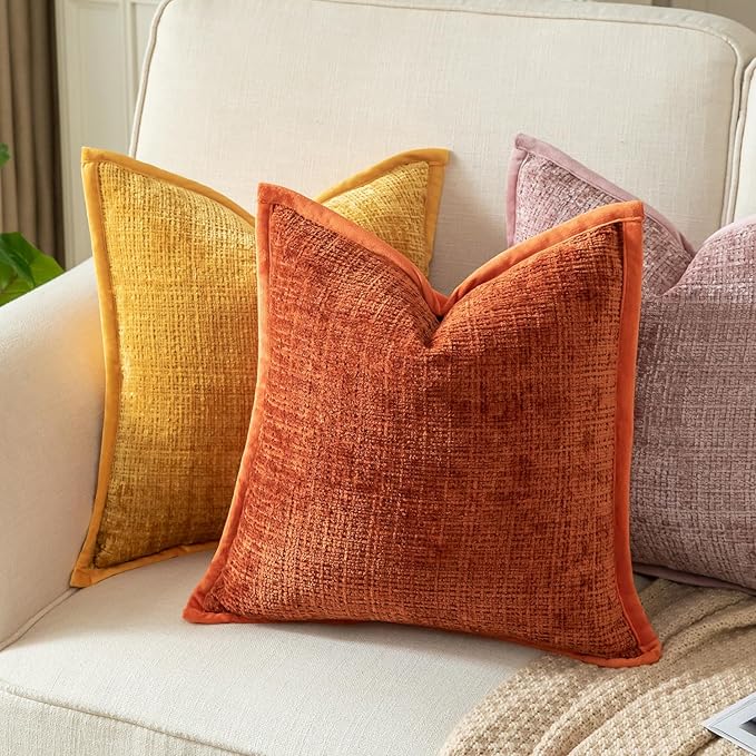 Yaertun Pack of 2 Chenille Textured Decorative Throw Pillow Covers Accent Solid Cushion Cover Soft Cozy Pillow Case with Velvet Back for Couch Sofa Bed Living Room 26x26 Inch Rust