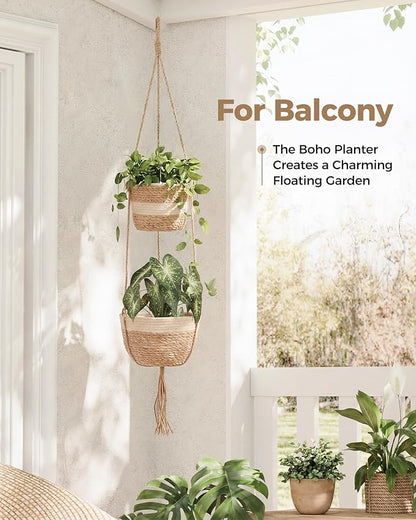 Leaf&lull Macrame Plant Hanger 2-Tier Window Plant Shelf for Indoor Outdoor Plants Rattan Wall Hanging Decorative Hanging Planters for Boho Decor, Wall Decor and Home Decor