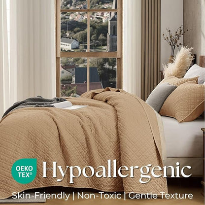 DOWN HOME Twin Quilt Set with Sham Lightweight Quilted Bedspread Coverlet Thin Comforter Bed Cover Vintage Washed Quilted Blanket for All Season, Brushed Microfiber Diamond Stitching, Brown, 66"x92"