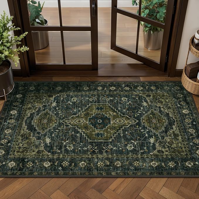 2x4 Washable Kitchen Rug Oriental Non Slip Small Rug for Entryway Vintage Front Door Mat Indoor Entrance, Print Throw Rugs Olive Green, Soft Low Pile Rugs Small Carpet for Entry Bedroom Bathroom
