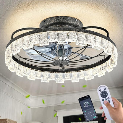 Rustic Black Ceiling Fan with Light, Farmhouse Flower Caged Ceiling Fan with Remote, LED Low Profile Ceiling Light for Bedroom Kitchen Living Room