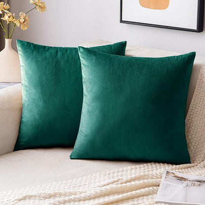 EMEMA Pack of 2 Velvet Christmas Throw Pillow Covers Decorative Square Pillowcase Soft Solid Cushion Case for Sofa Bedroom Chair Car 24x24 Inch Green
