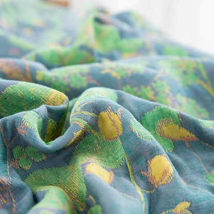 100% Cotton Muslin Botanical Blanket Jacquard Floral Plants Pattern Quilt, Soft Bed Cover Lightweight Breathable Gauzy Reversible Bedspread Coverlet Bedding Twin(59"x94"), No Pillow Sham