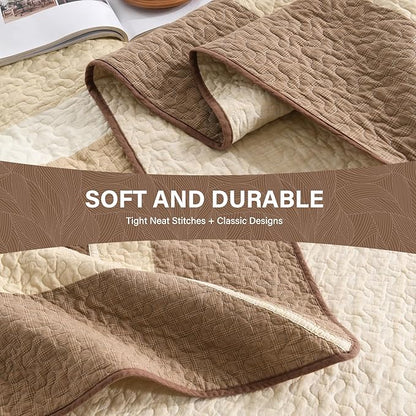 SahSahCasa 120"x102" 100% Cotton Oversized Queen Bedspread Coverlet Quilt Set, Queen Quilted Striped Bedspread Extra Large Quilt, XL Bed Spread Lightweight Comforter, 3pc, Brown/Beige