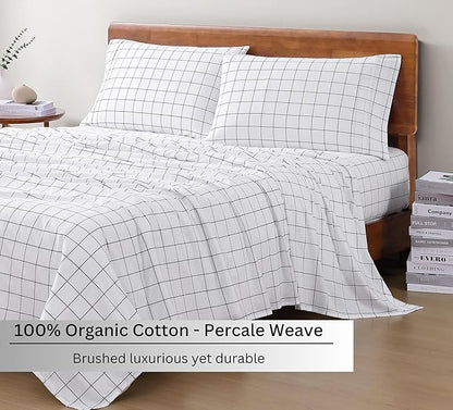 LANE LINEN 100% Organic Cotton Twin XL Bed Sheets, Sustainably Produced Okeo Tex Certified Cotton Sheets, Luxury Hotel Percale Soft & Comfy Comes in Variety of Prints & Colors - Windowpane