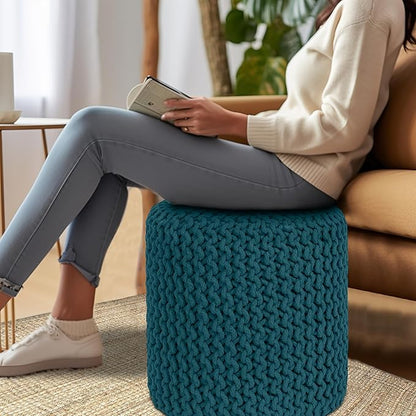 COTTON CRAFT Braided Round Pouf - Hand Knitted Cotton Cord Cable Dori Cylindrical Ottoman - Foot Stool - Floor Pouf - Footrest - Accent Seat - Living Room Bedroom Dorm Décor - 15 Round x 16 H - Teal