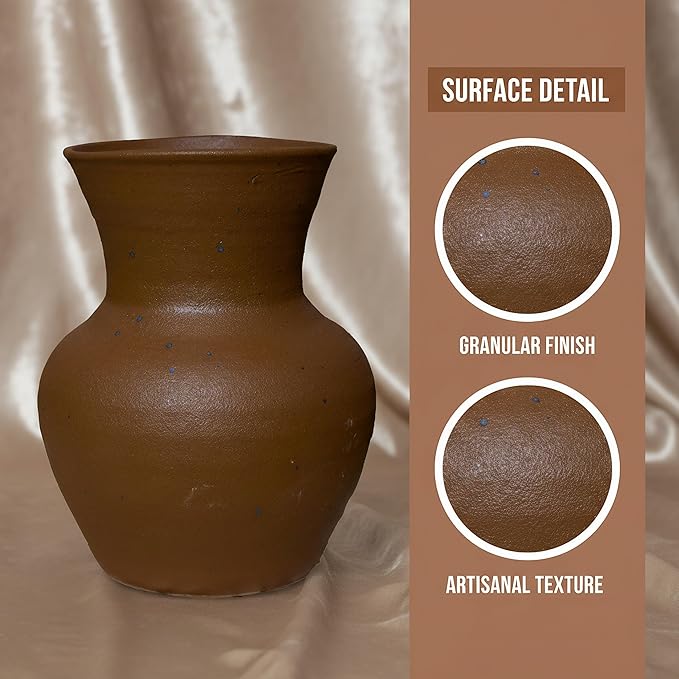 6.3IN Rustic Wide Mouth Ceramic Flower Vase Home Decor,Handmade Vintage Stoneware Clay Pottery Terracotta Textured for Modern Farmhouse, Living Room, Office Desk Table Shelf(Dark Brown)