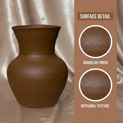 6.3IN Rustic Wide Mouth Ceramic Flower Vase Home Decor,Handmade Vintage Stoneware Clay Pottery Terracotta Textured for Modern Farmhouse, Living Room, Office Desk Table Shelf(Dark Brown)
