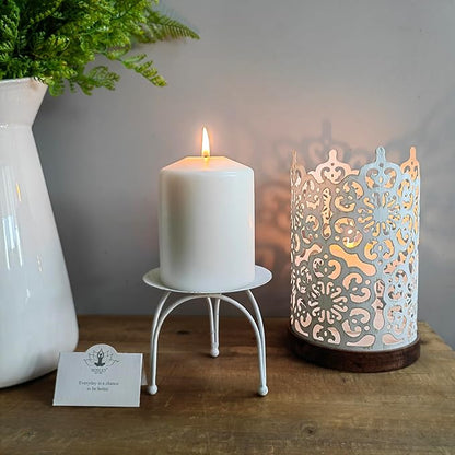 Hosley 7.5" White Metal Candle Holder – Diamond Cut Design Lantern for Home Decor, Weddings, Parties, Events, Gifts & Indoor Outdoor Lighting