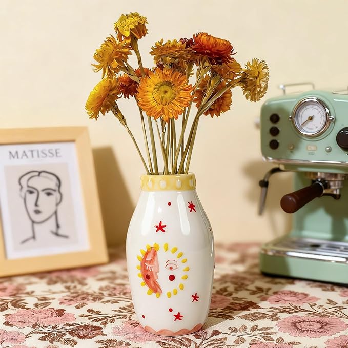 Cute Boho Small Cream Ceramic Bud Vase, Sun and Moon Round Decorative Vase for Dried Flowers/Single Rose/Pampas Grass, Modern Table Vase for Entryway Dining Coffee Table, Unique Home Gift